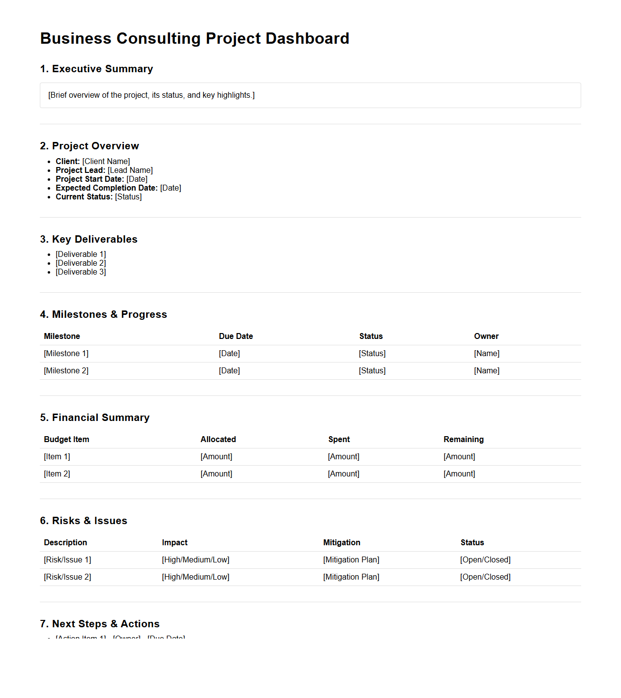 Business Consulting Project Dashboard Report Structure