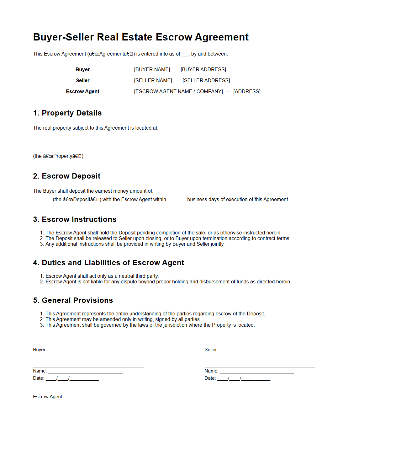 Buyer-Seller Real Estate Escrow Agreement Format