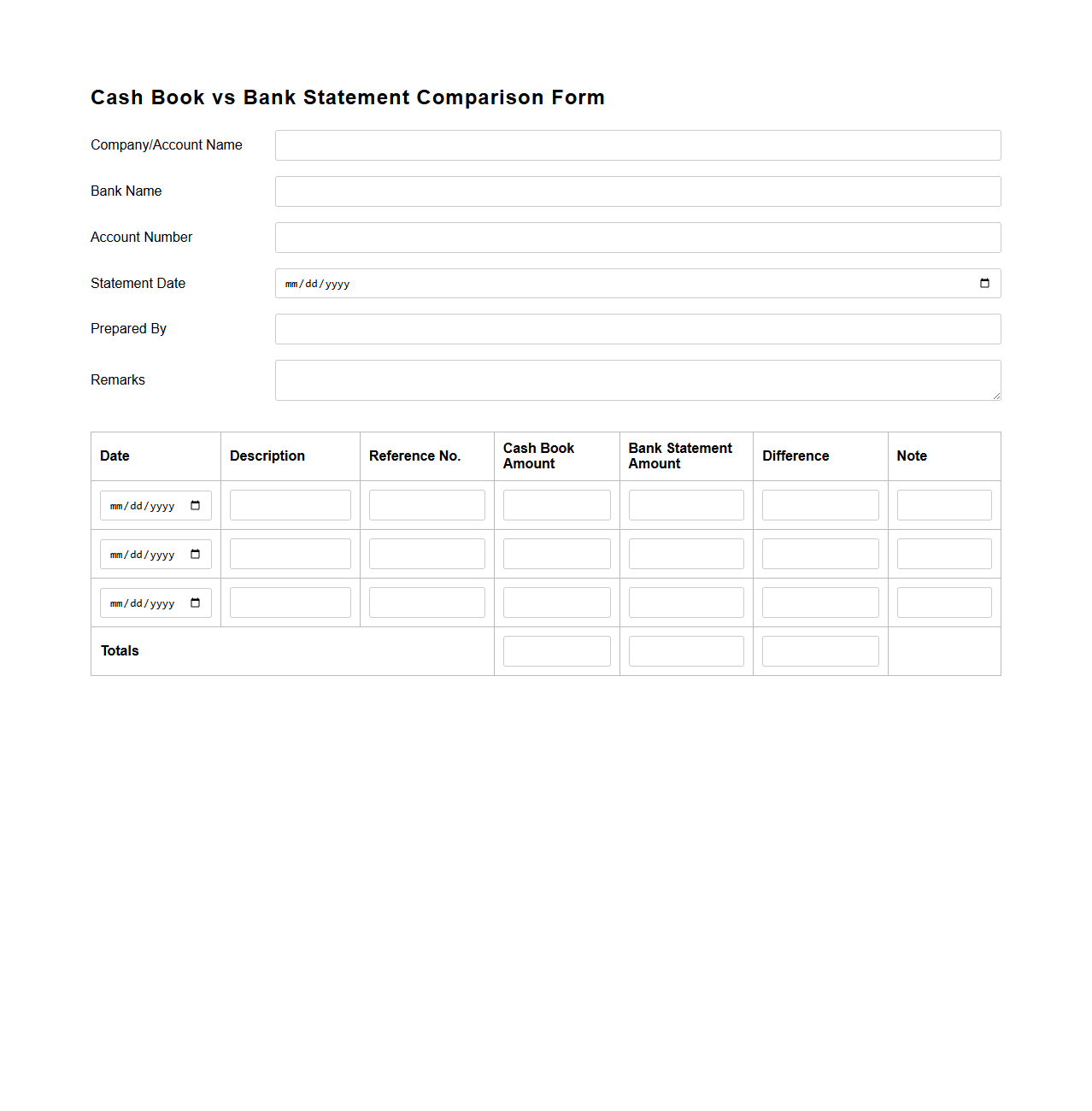 Cash Book versus Bank Statement Comparison Form