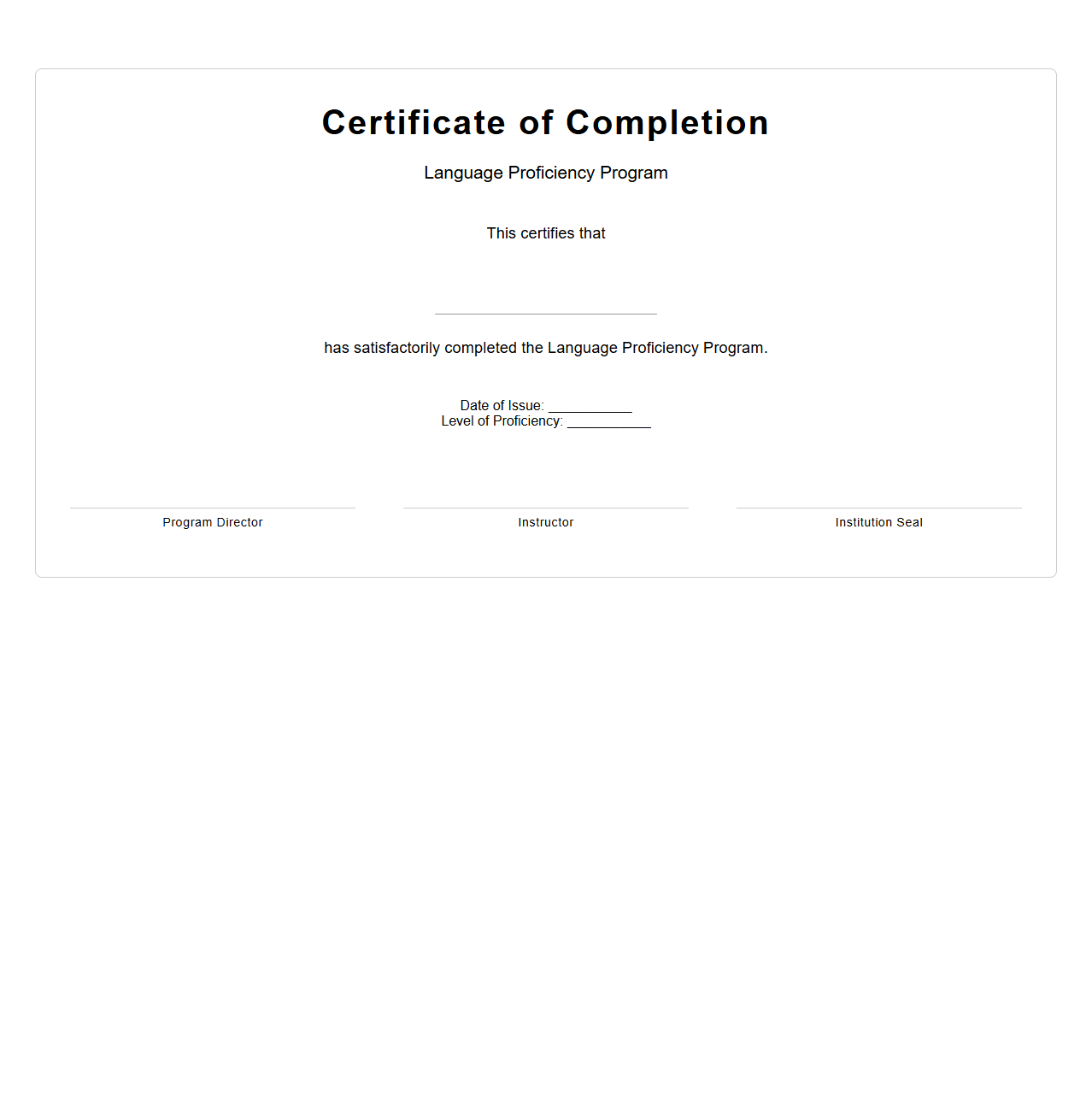 Certificate of Completion for Language Proficiency Program