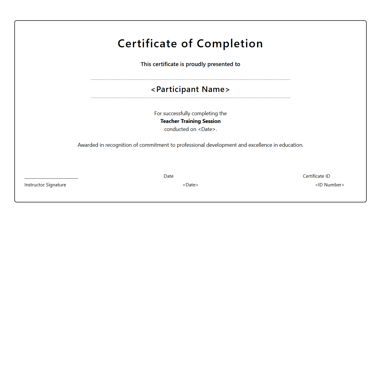 Certificate of Completion for Teacher Training Session