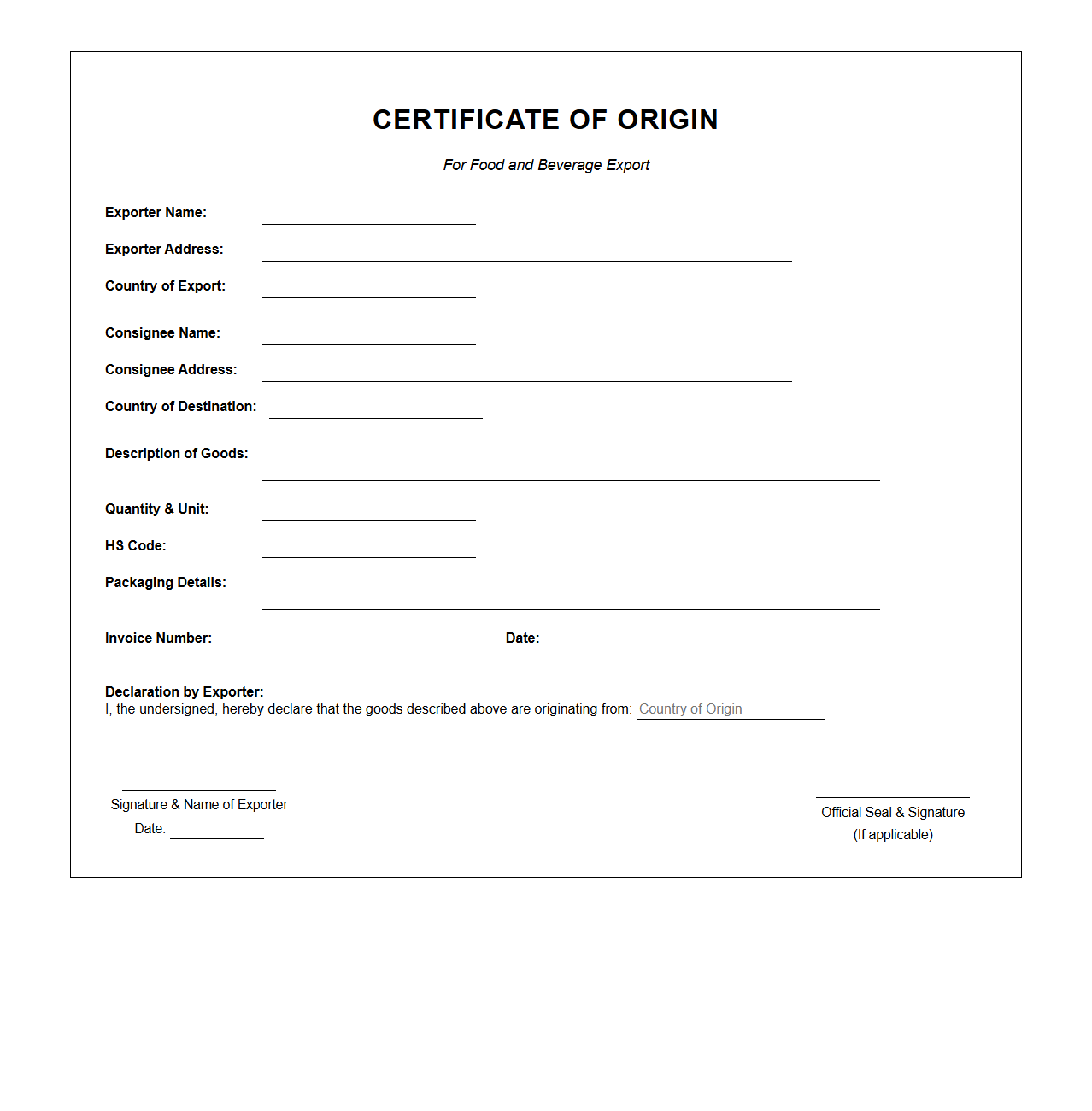 Certificate of Origin for Food and Beverage Export