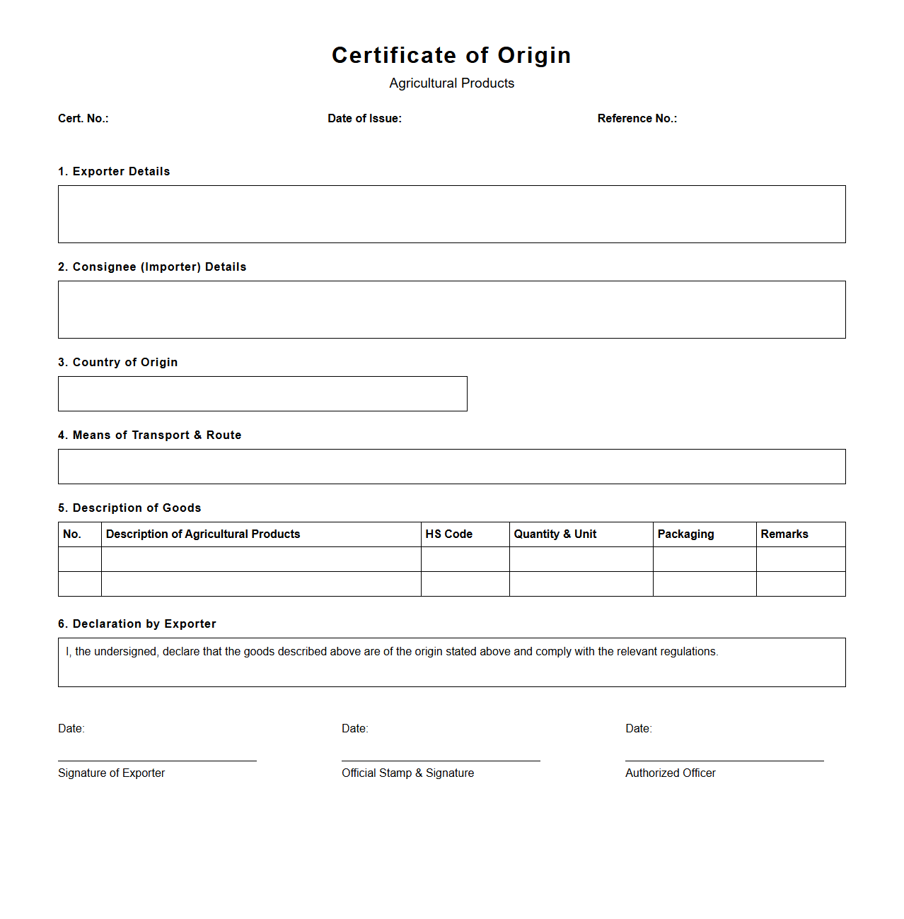 Certificate of Origin Format for Agricultural Products