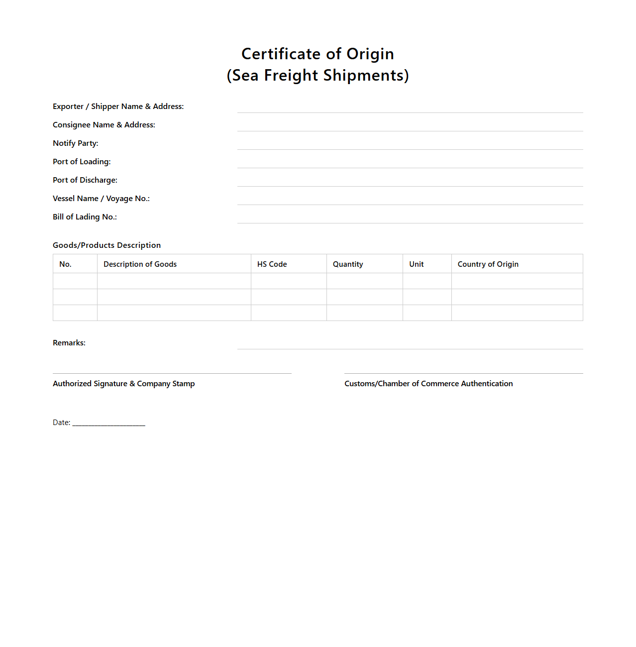 Certificate of Origin Format for Sea Freight Shipments