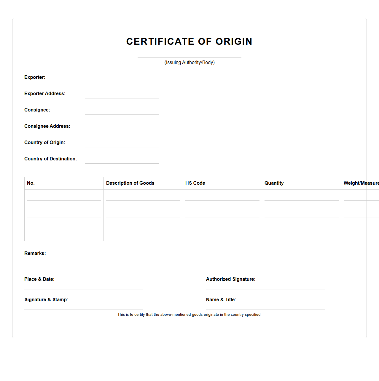 Certificate of Origin for Multiple Goods Description