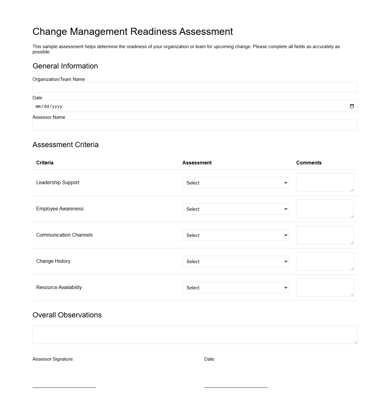 Change Management Readiness Assessment Sample