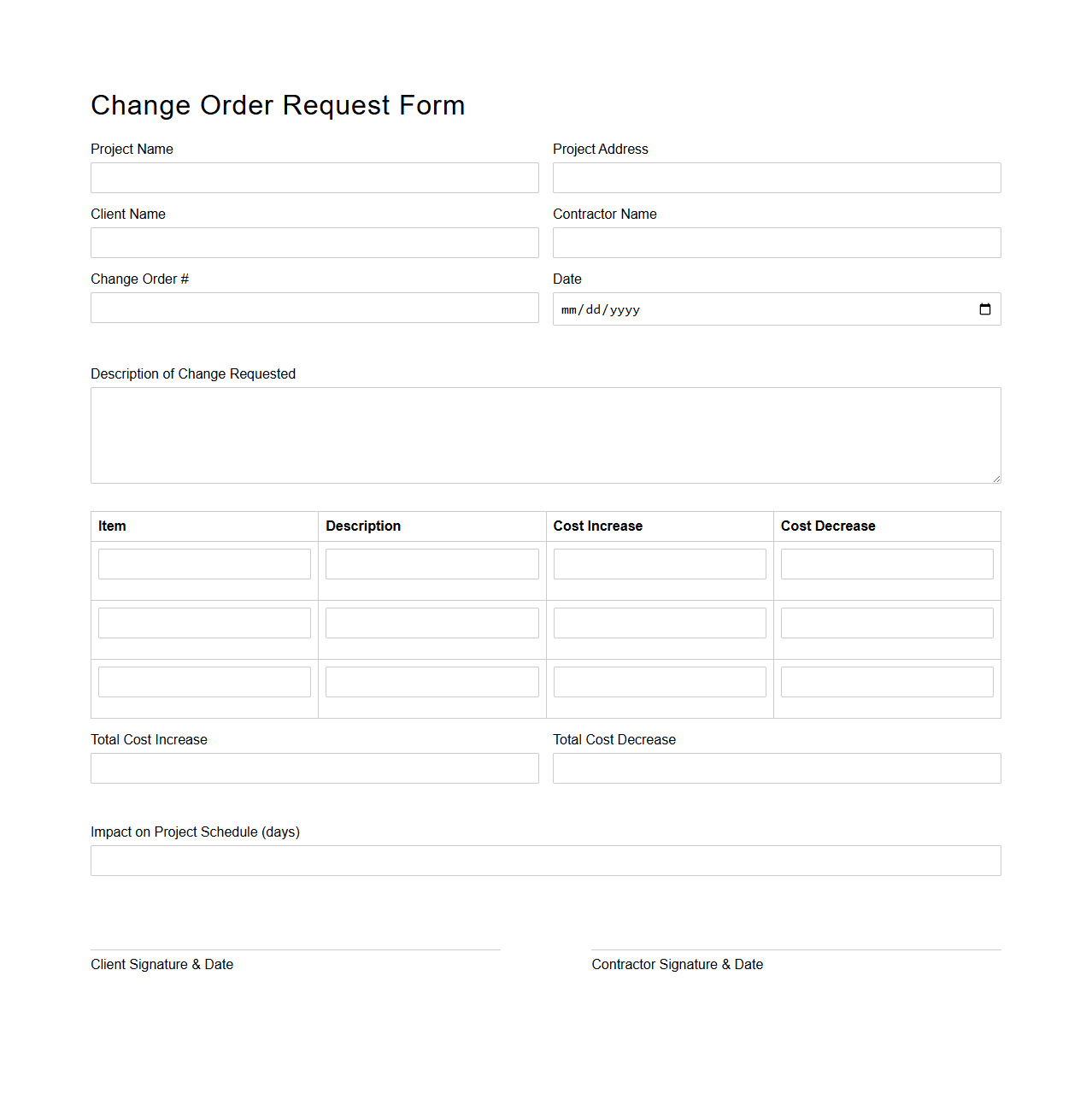 Change Order Request Form for Residential Construction
