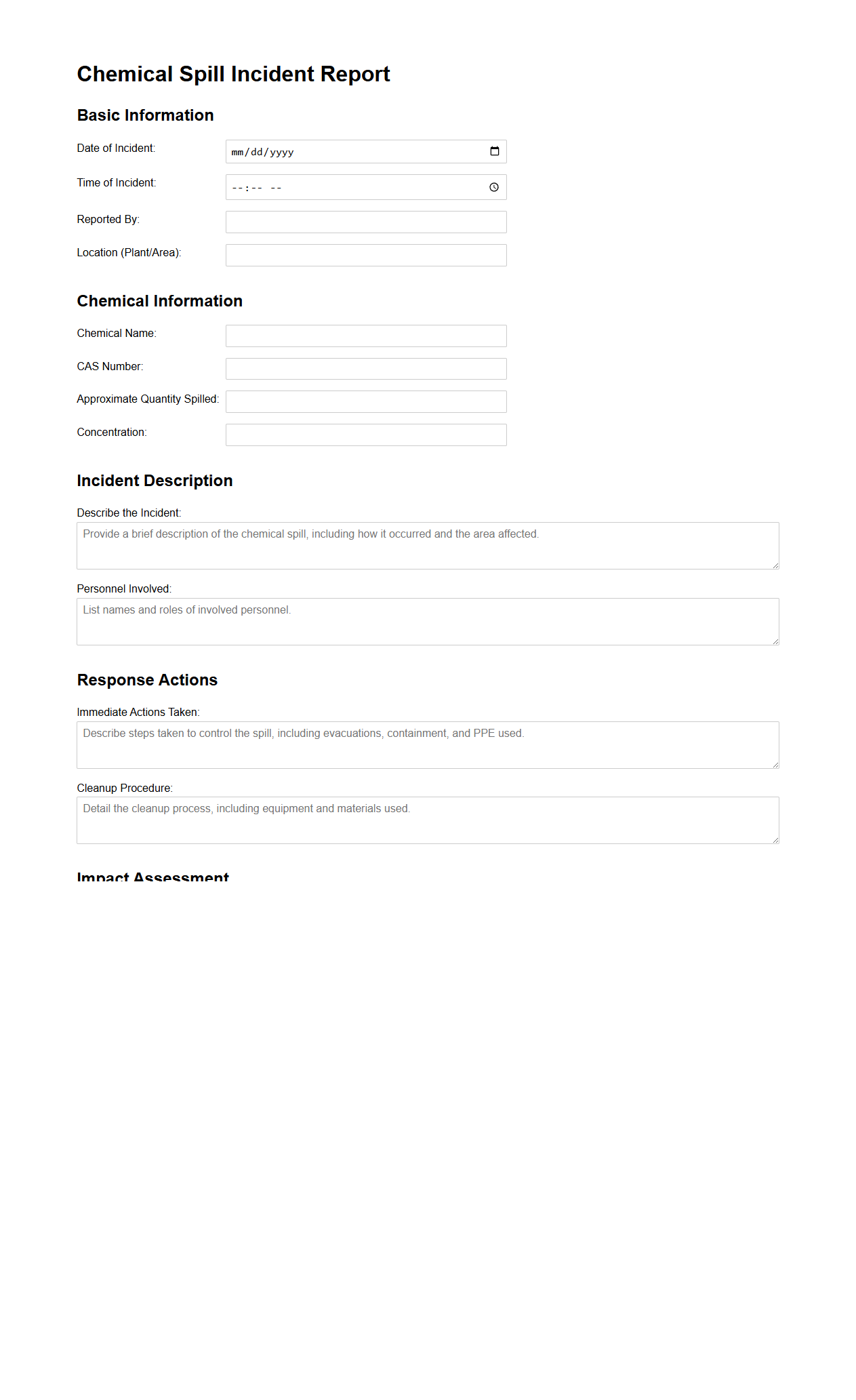 Chemical Spill Incident Report Example for Manufacturing Plants