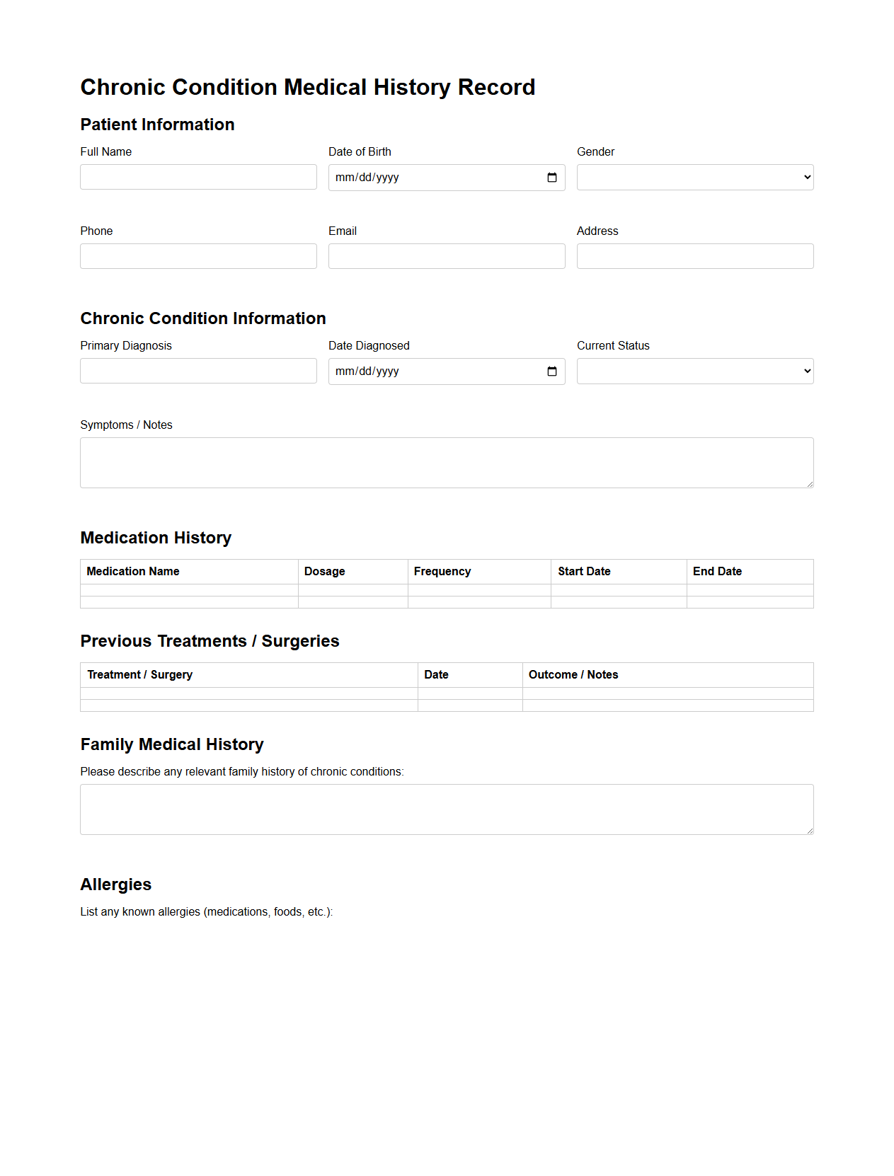 Chronic Condition Medical History Record