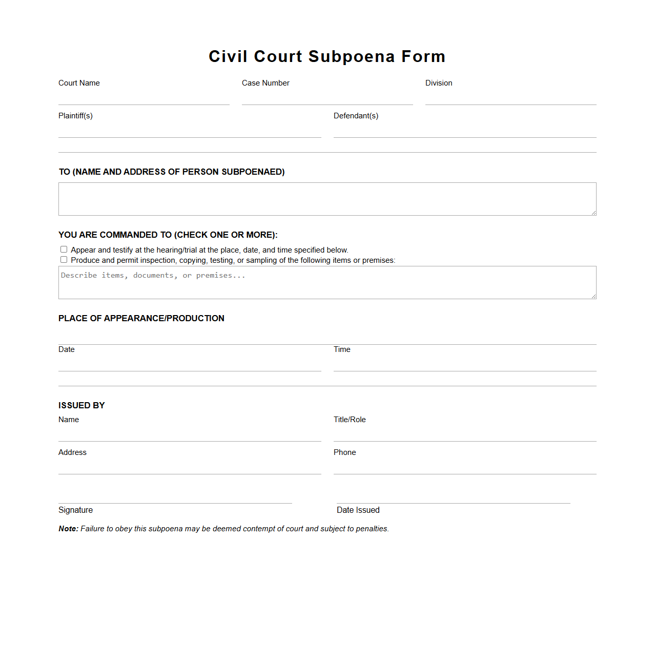 Civil Court Subpoena Form Template