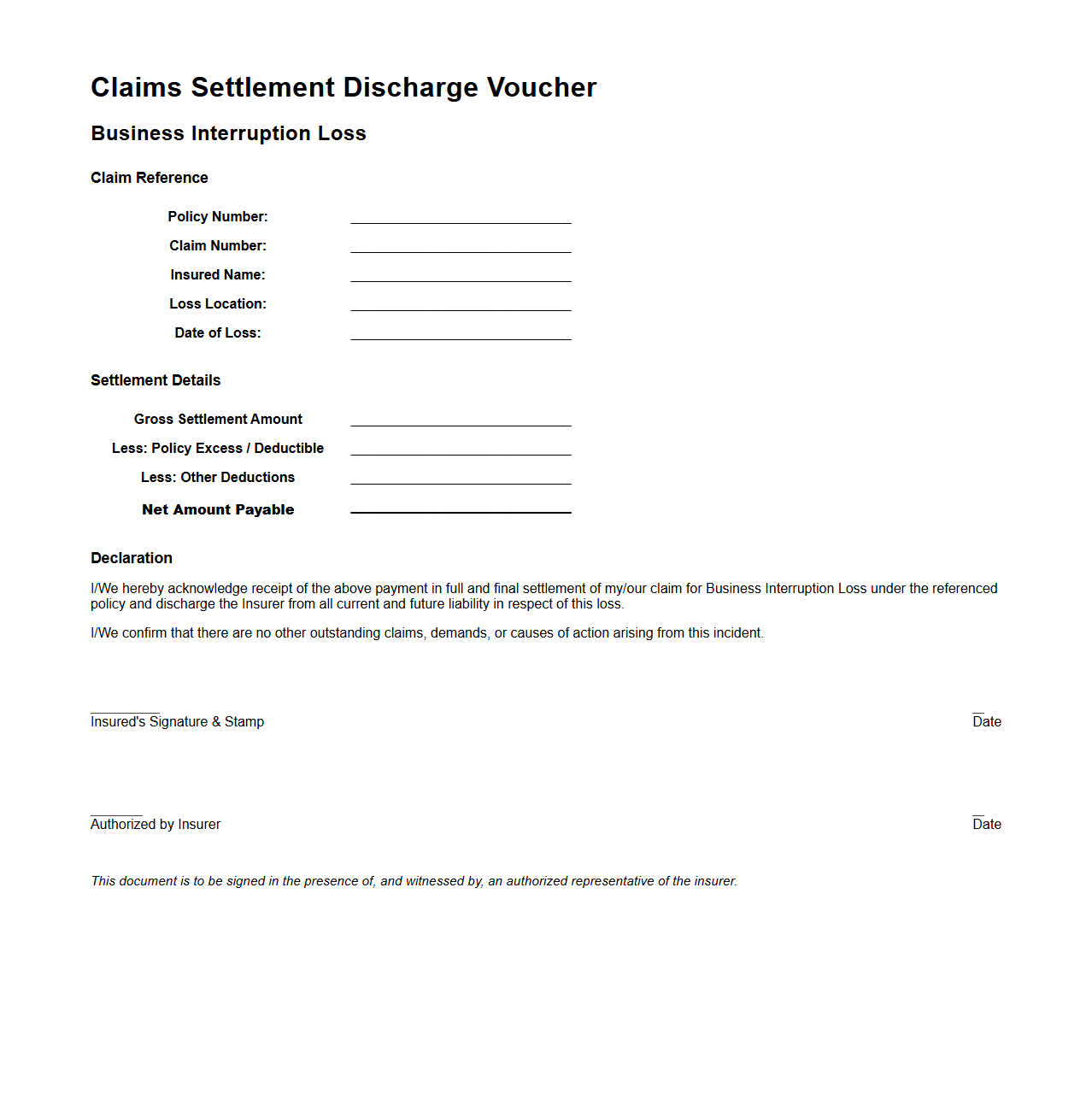 Claims Settlement Discharge Voucher for Business Interruption Loss
