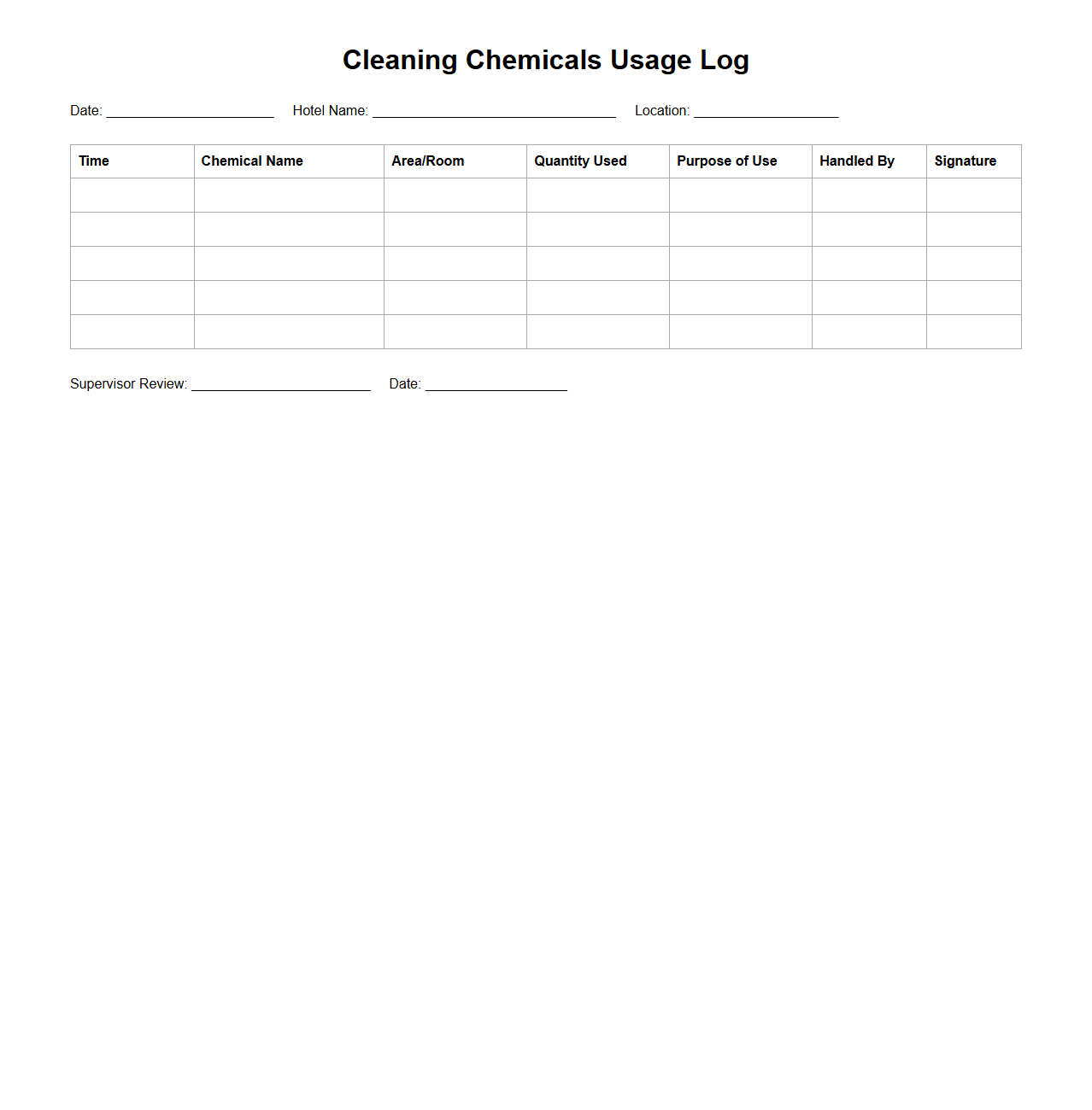 Cleaning Chemicals Usage Log for Hotels