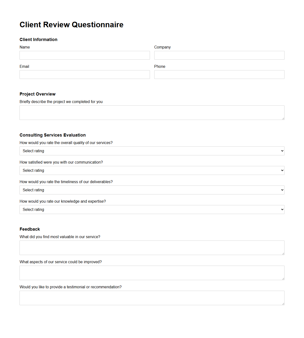 Client Review Questionnaire for Consulting Firms