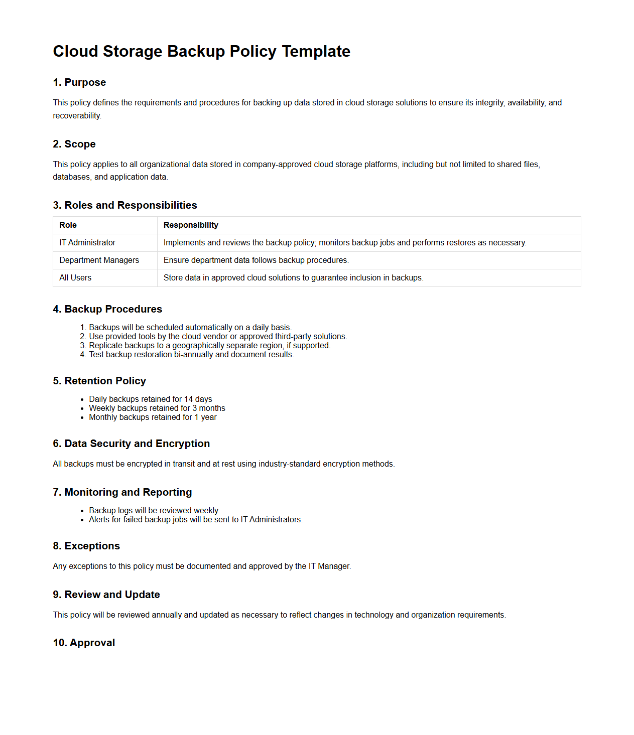 Cloud Storage Backup Policy Template