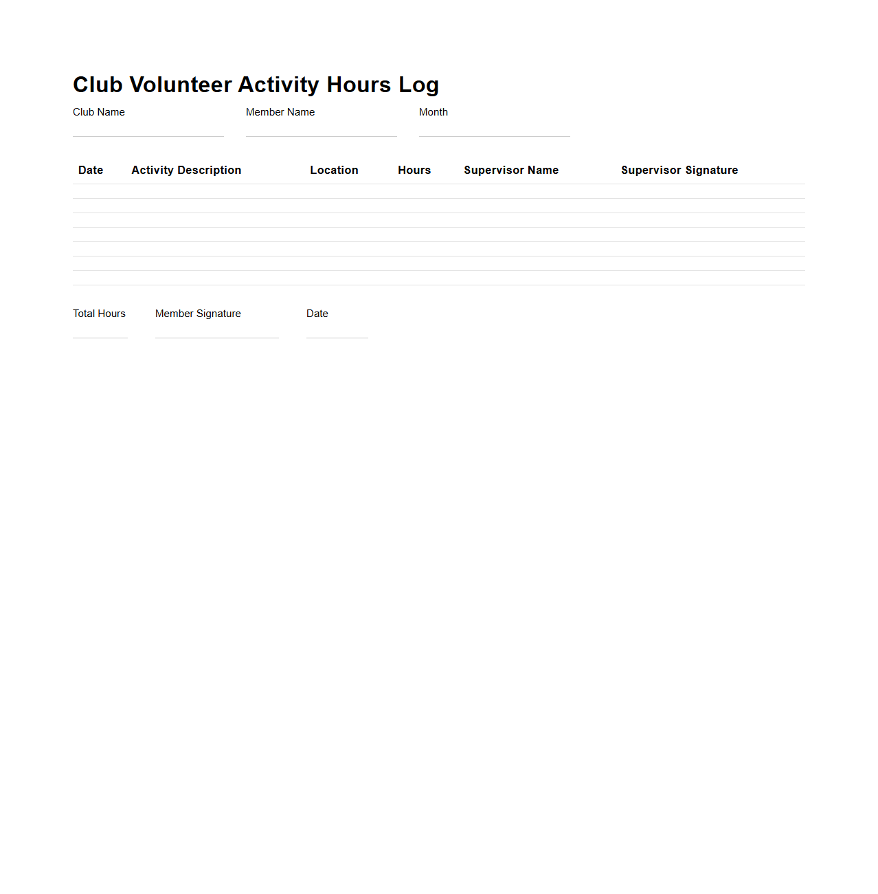 Club Volunteer Activity Hours Log