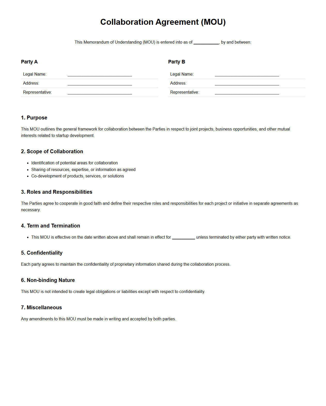 Collaboration Agreement MOU Format for Startups