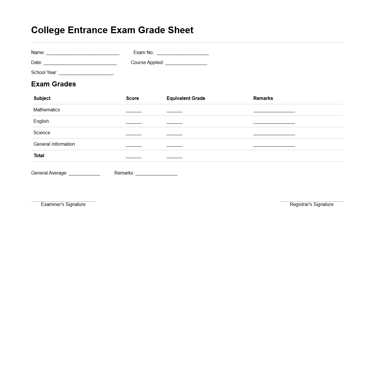 College Entrance Exam Grade Sheet Layout