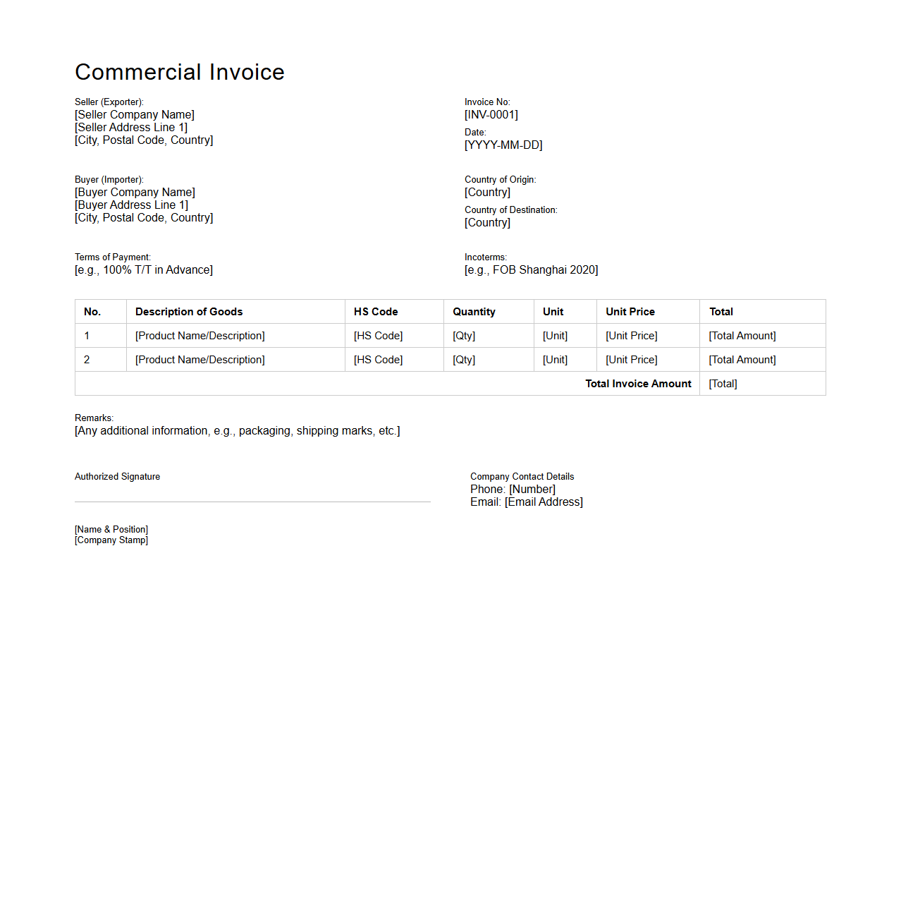 Commercial Invoice Sample with HS Code and Incoterms