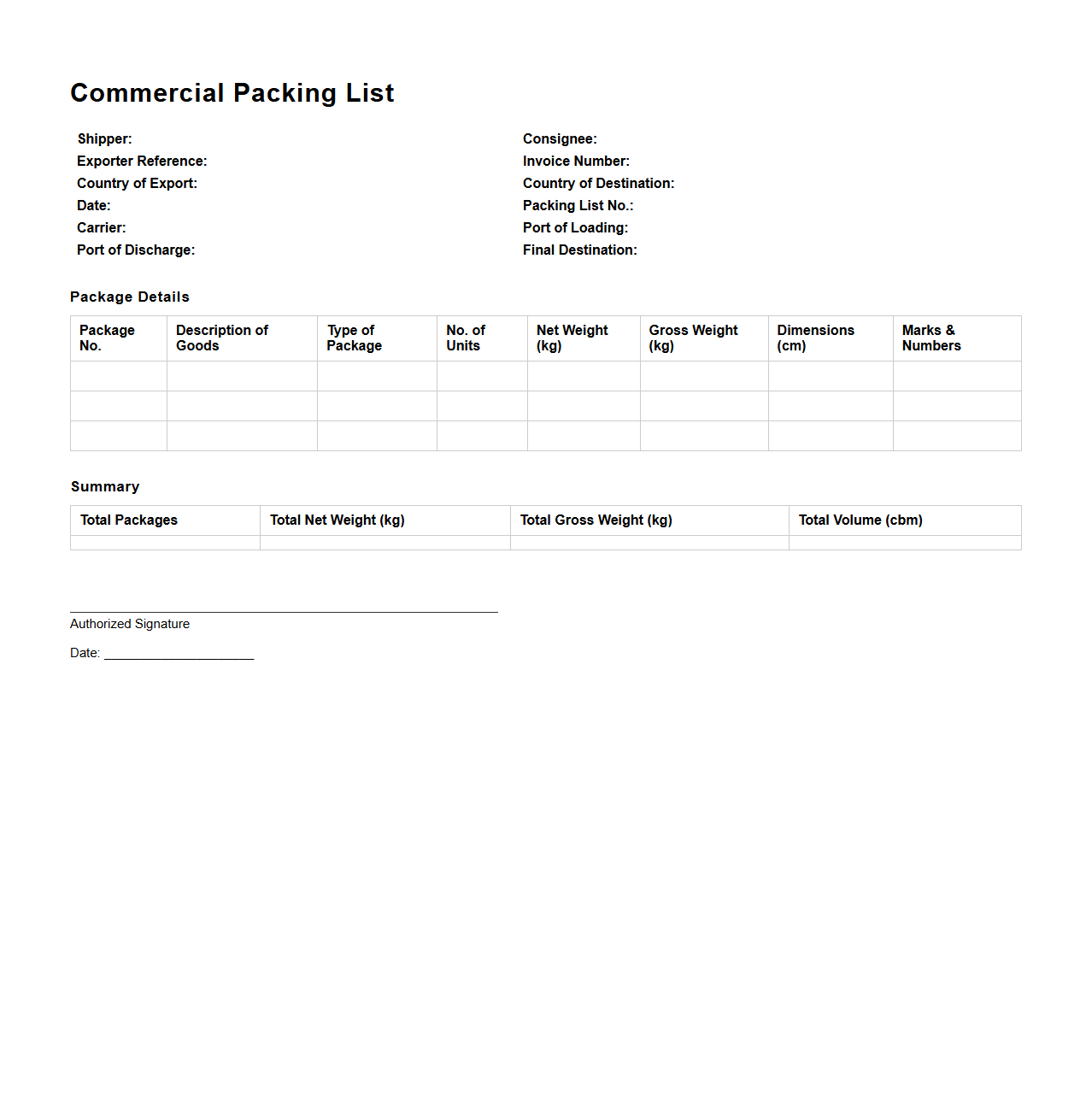 Commercial Packing List for International Trade
