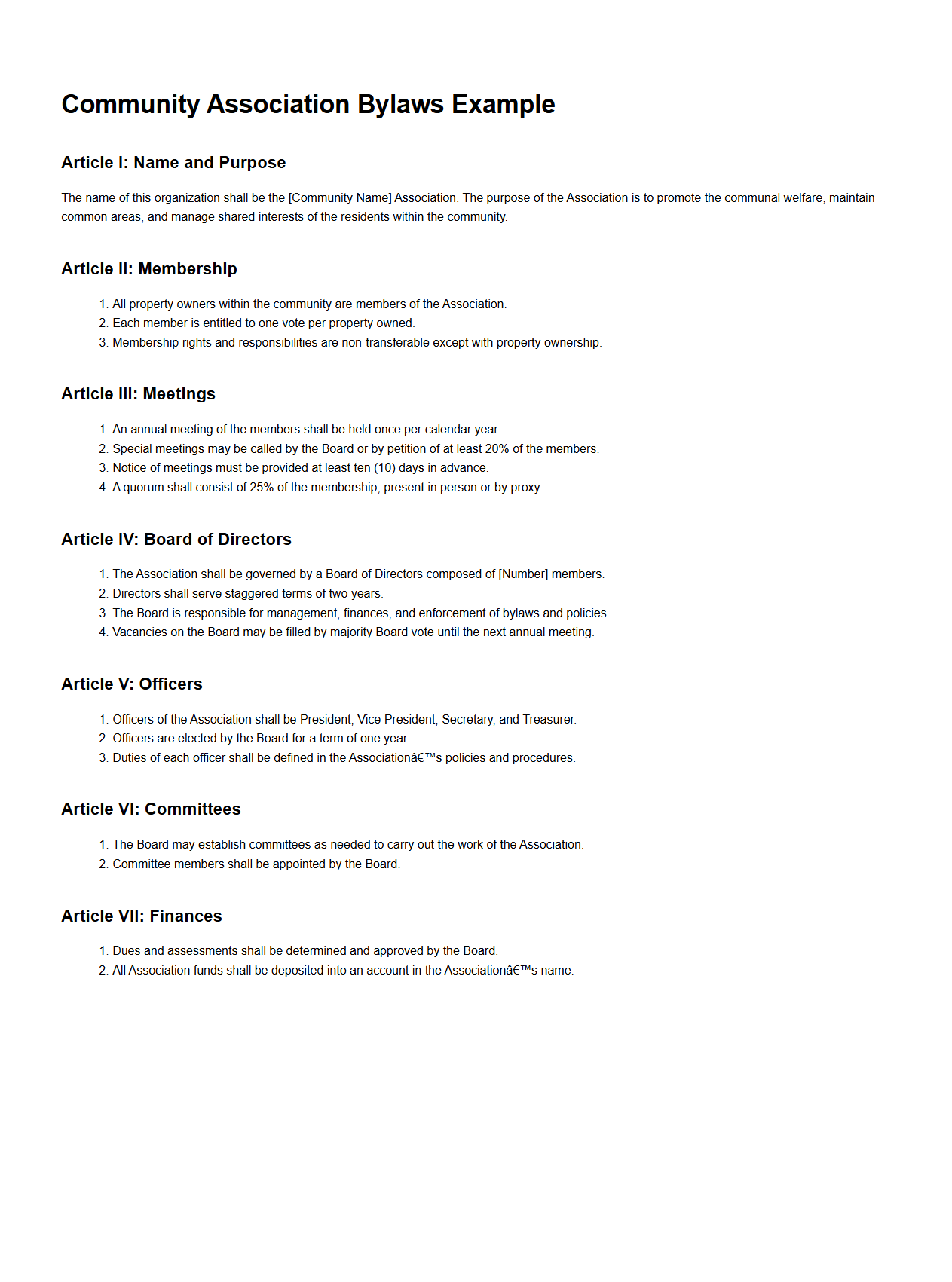 Community Association Bylaws Example