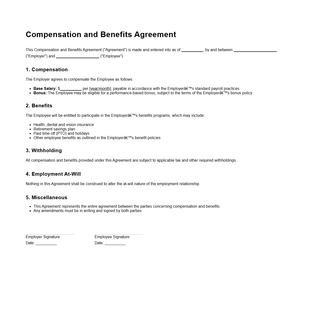 Compensation and Benefits Agreement Sample