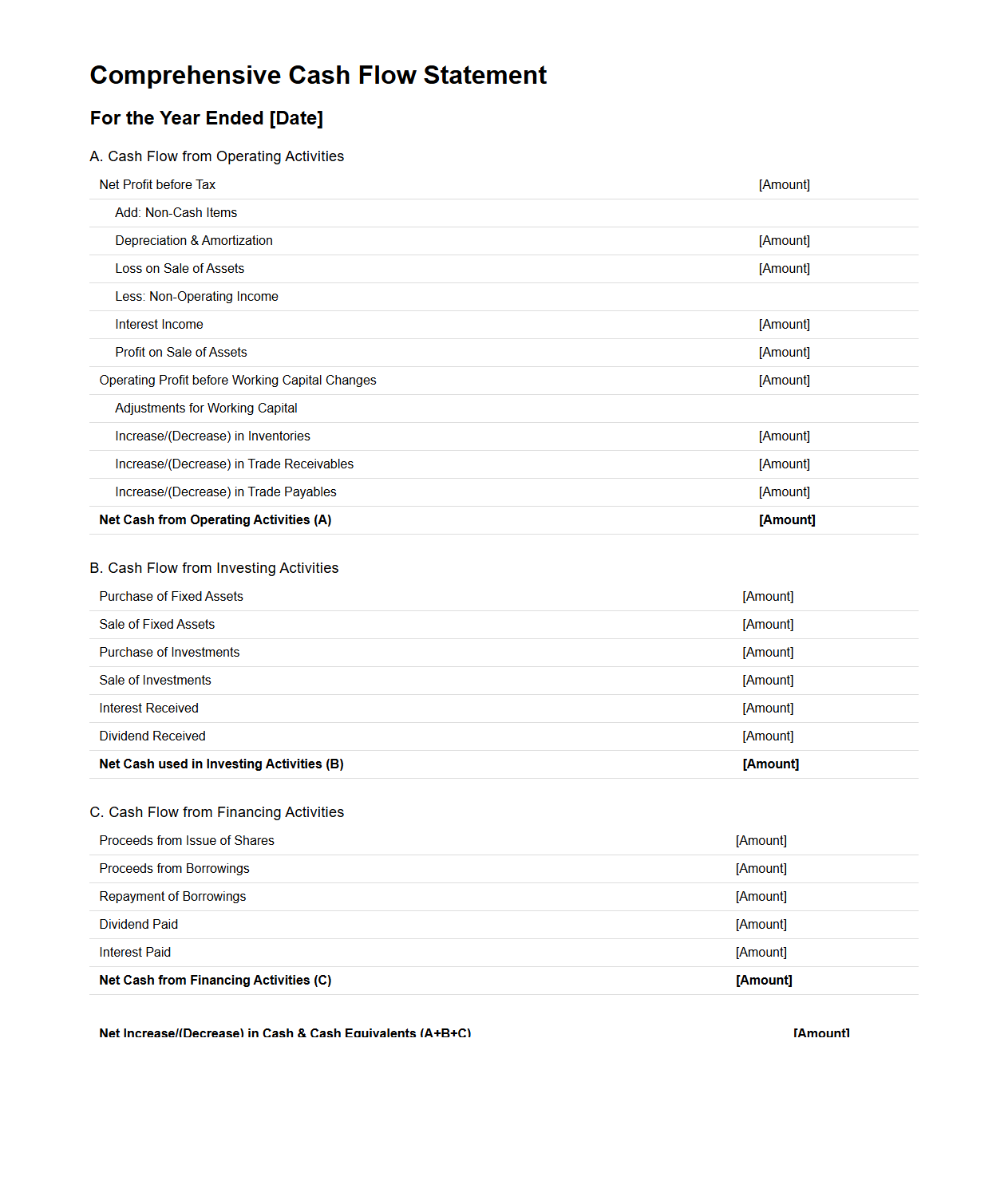 Comprehensive Cash Flow Statement Format