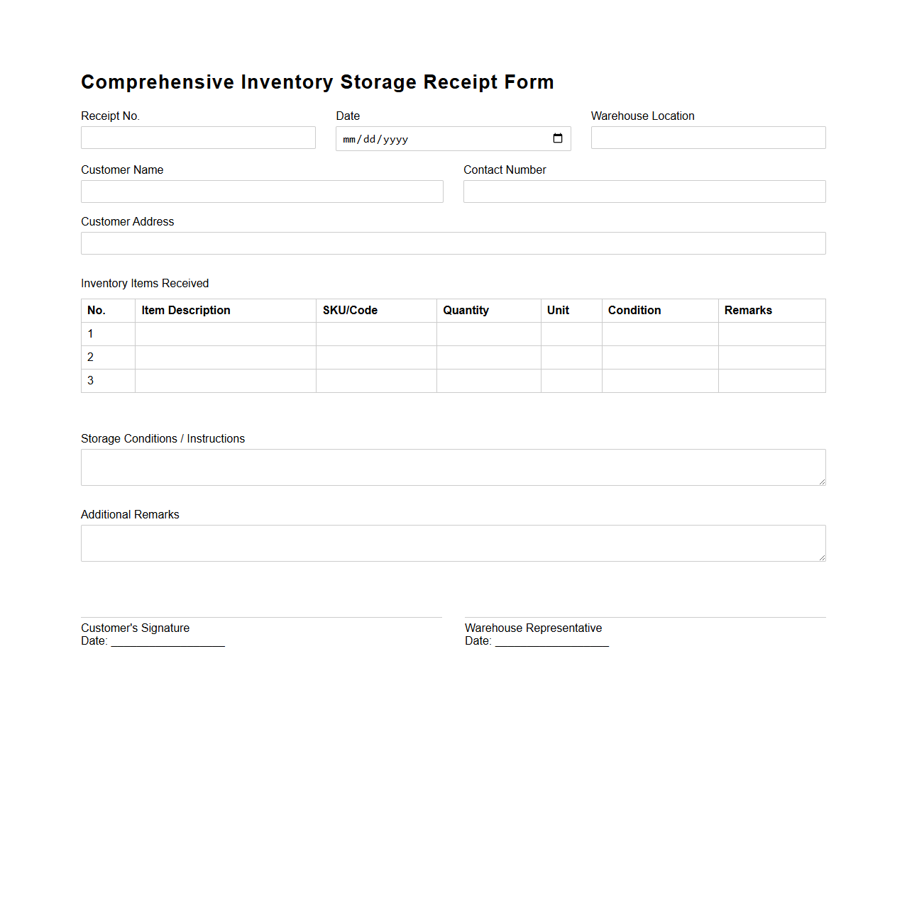Comprehensive Inventory Storage Receipt Form