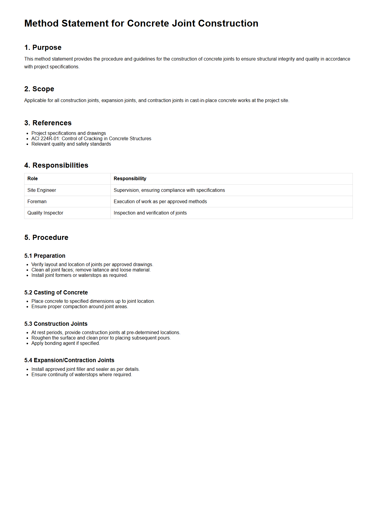 Concrete Joint Construction Method Statement