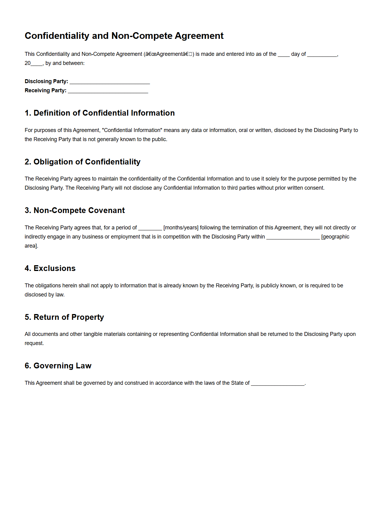 Confidentiality and Non-Compete Agreement Format