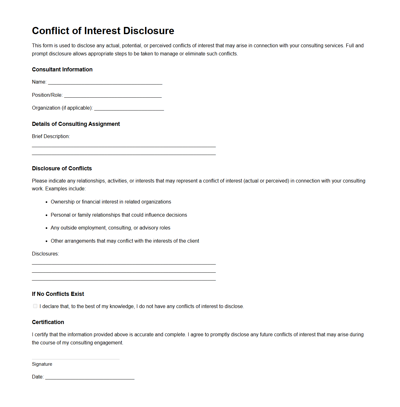Conflict of Interest Disclosure Sample for Consulting