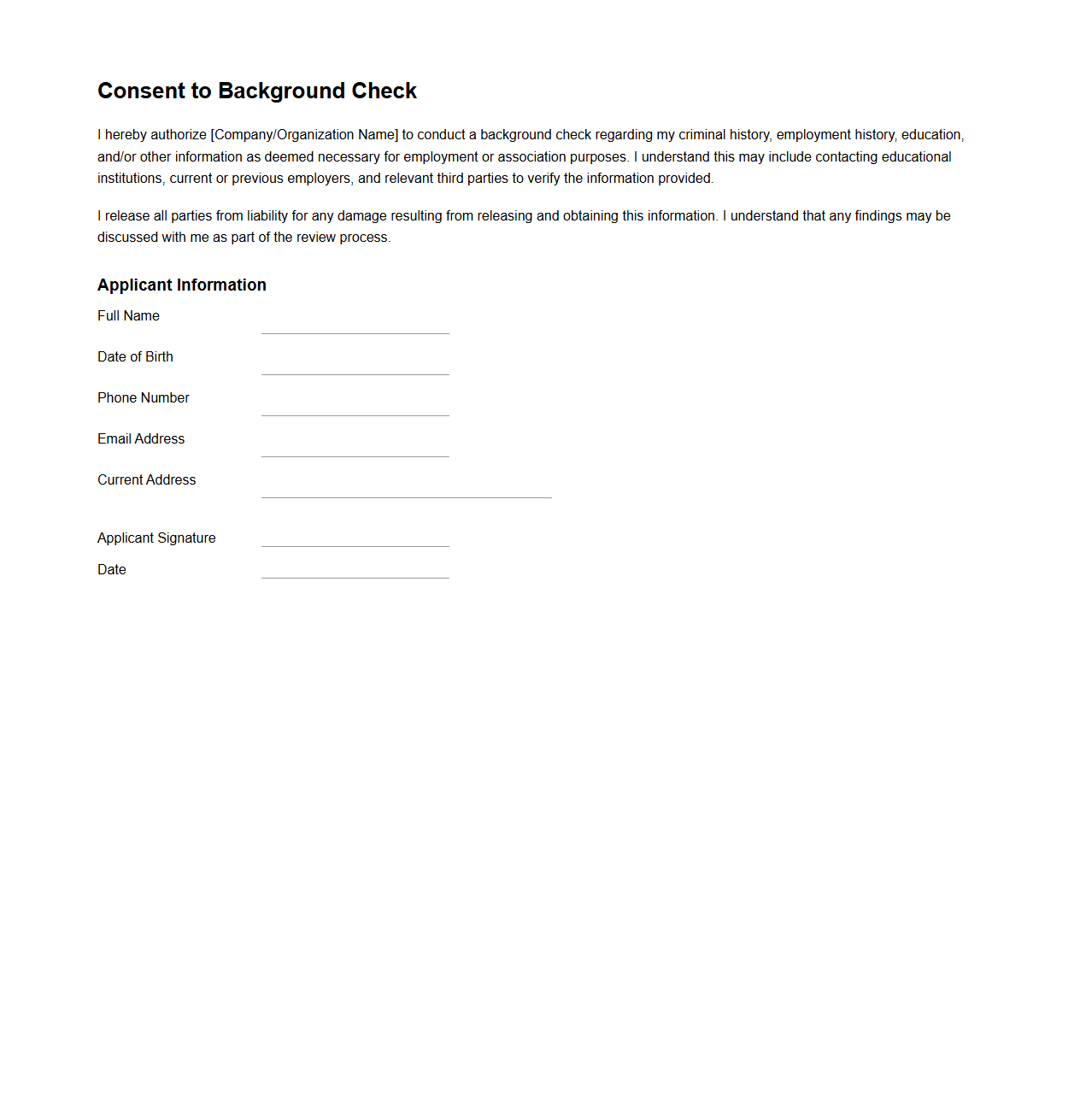 Consent to Background Check Sample