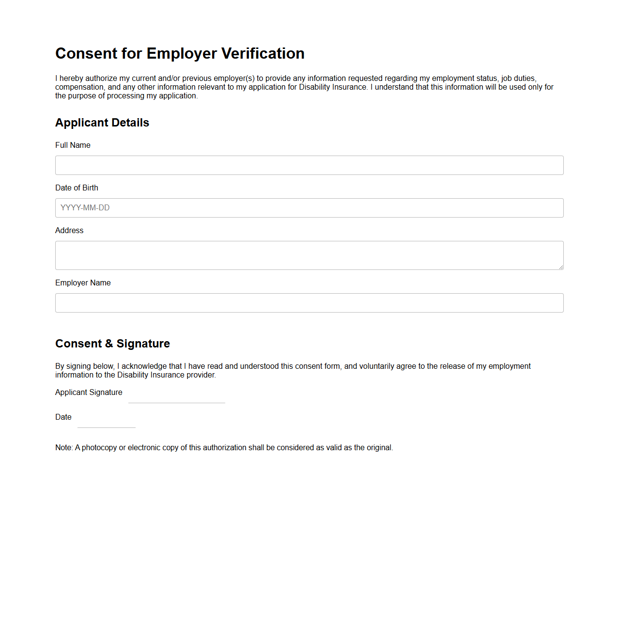 Consent for Employer Verification in Disability Insurance Application