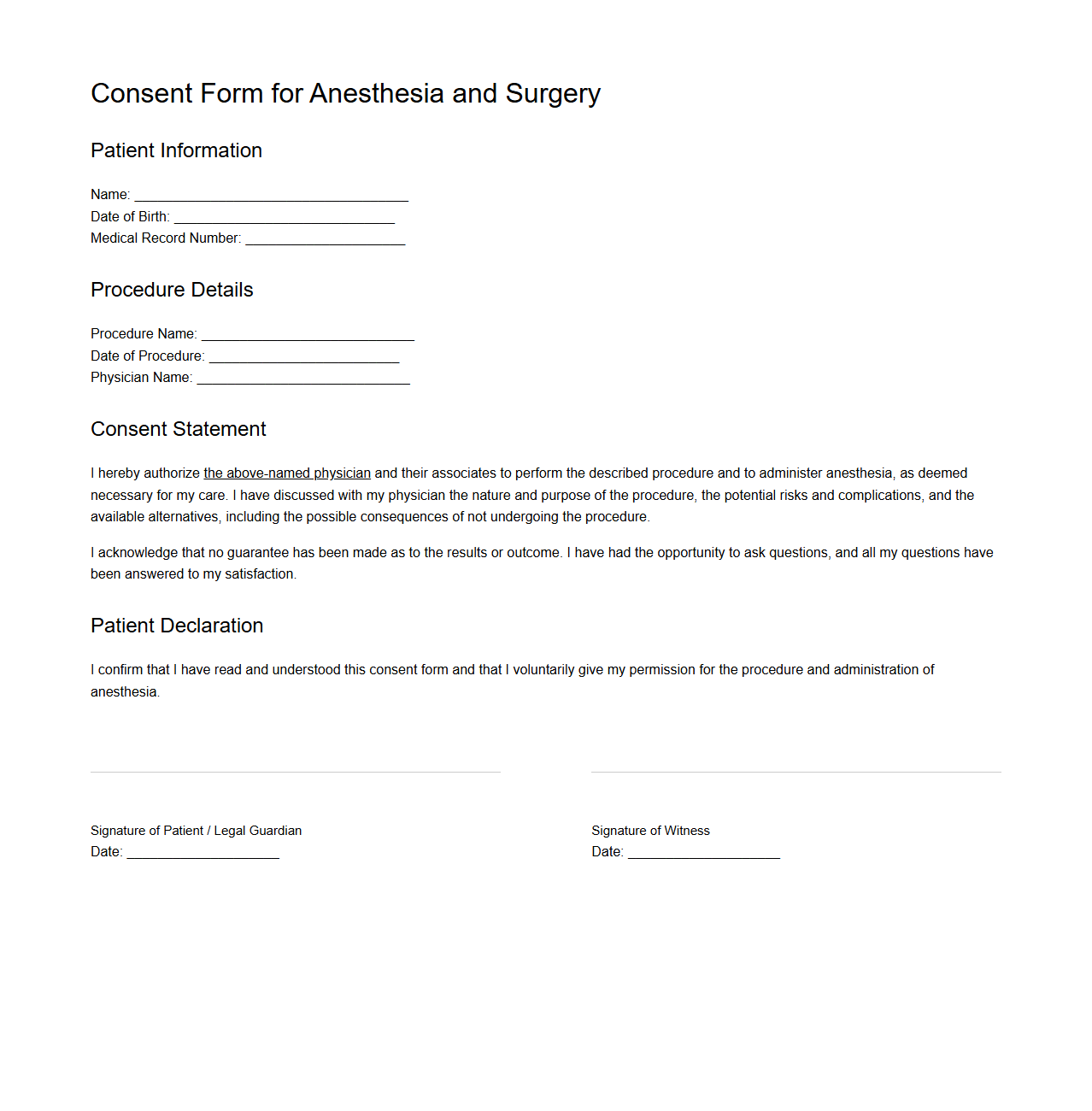 Consent Form for Anesthesia and Surgery