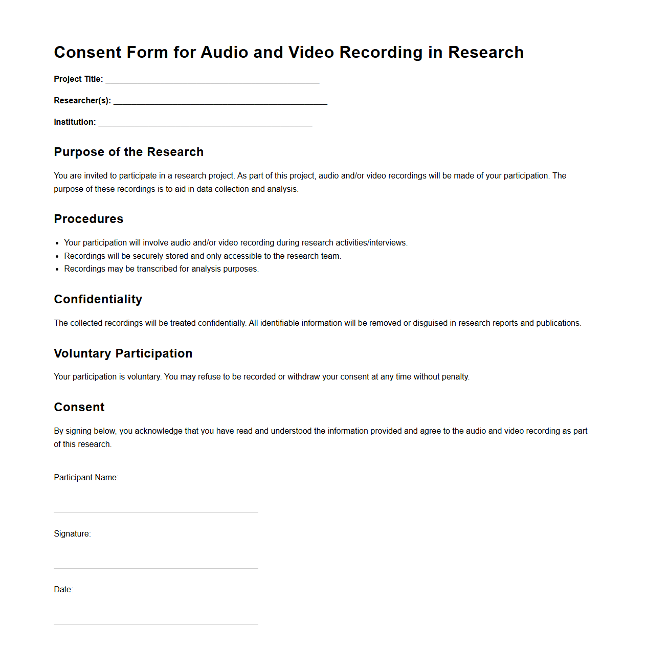 Consent Form for Audio and Video Recording in Research