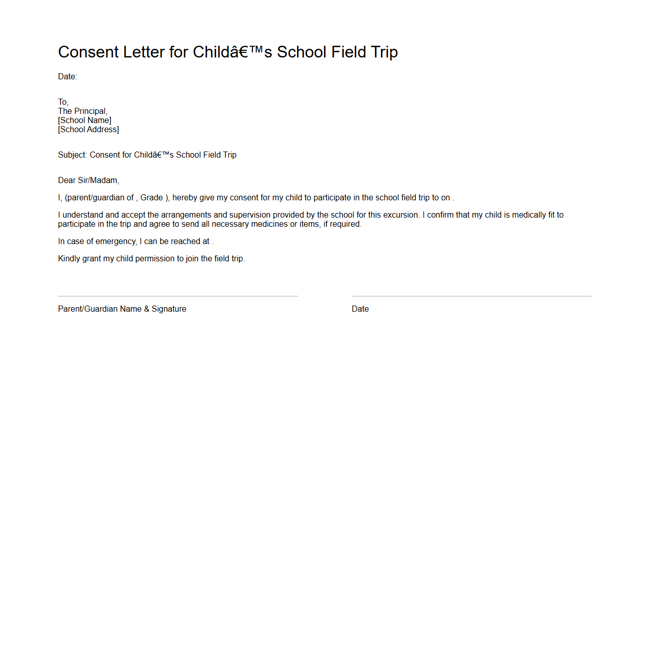 Consent Letter for Child’s School Field Trip