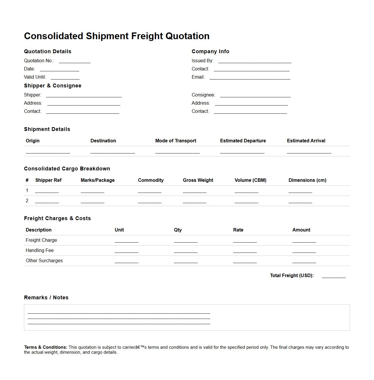 Consolidated Shipment Freight Quotation Document Sample