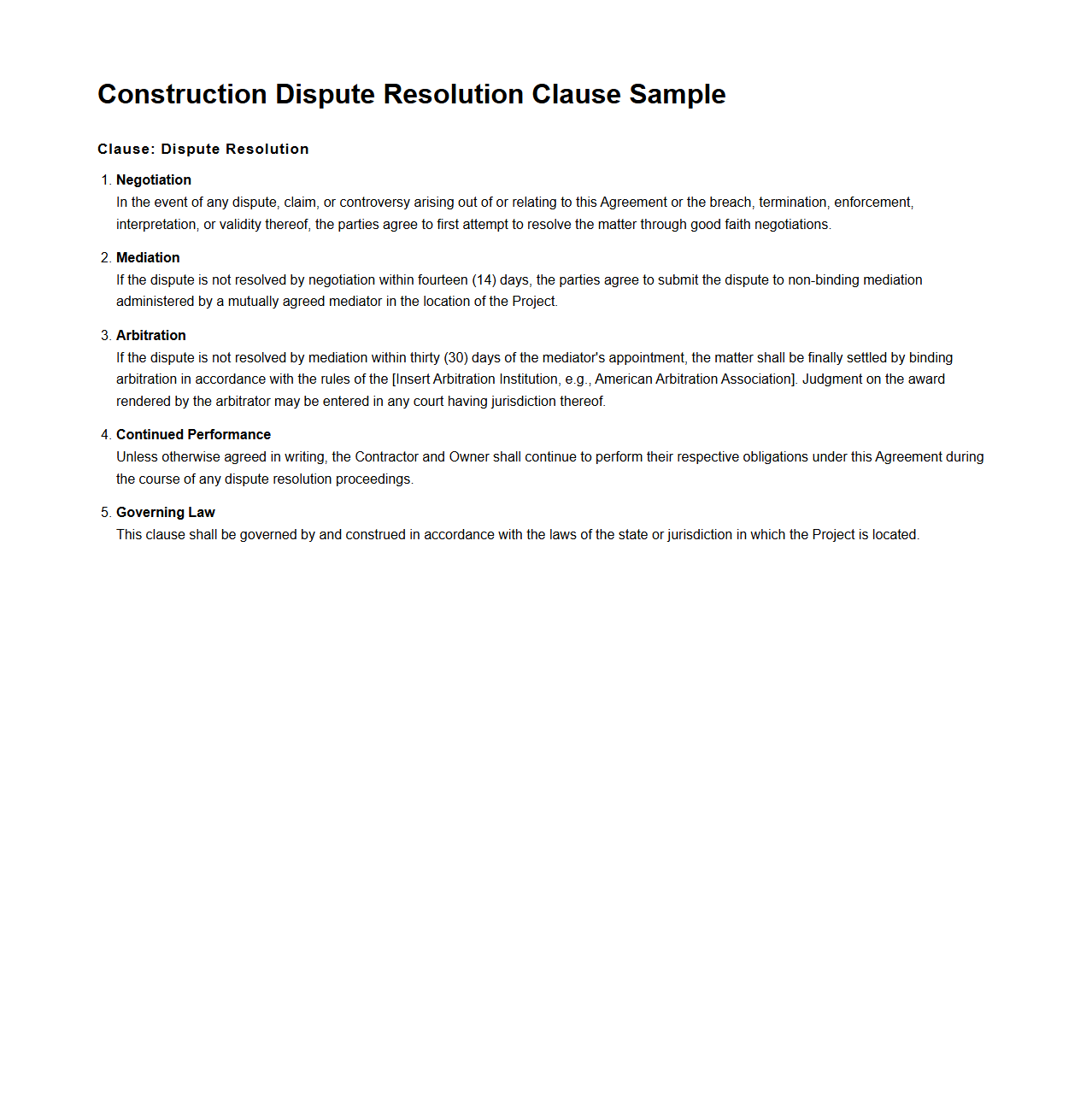 Construction Dispute Resolution Clause Sample