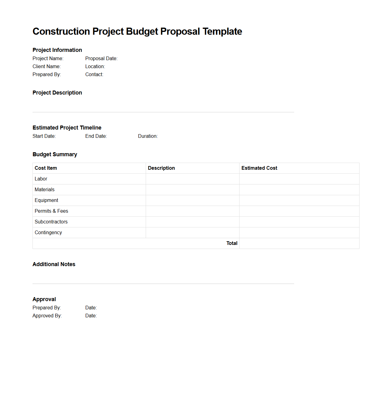Construction Project Budget Proposal Template