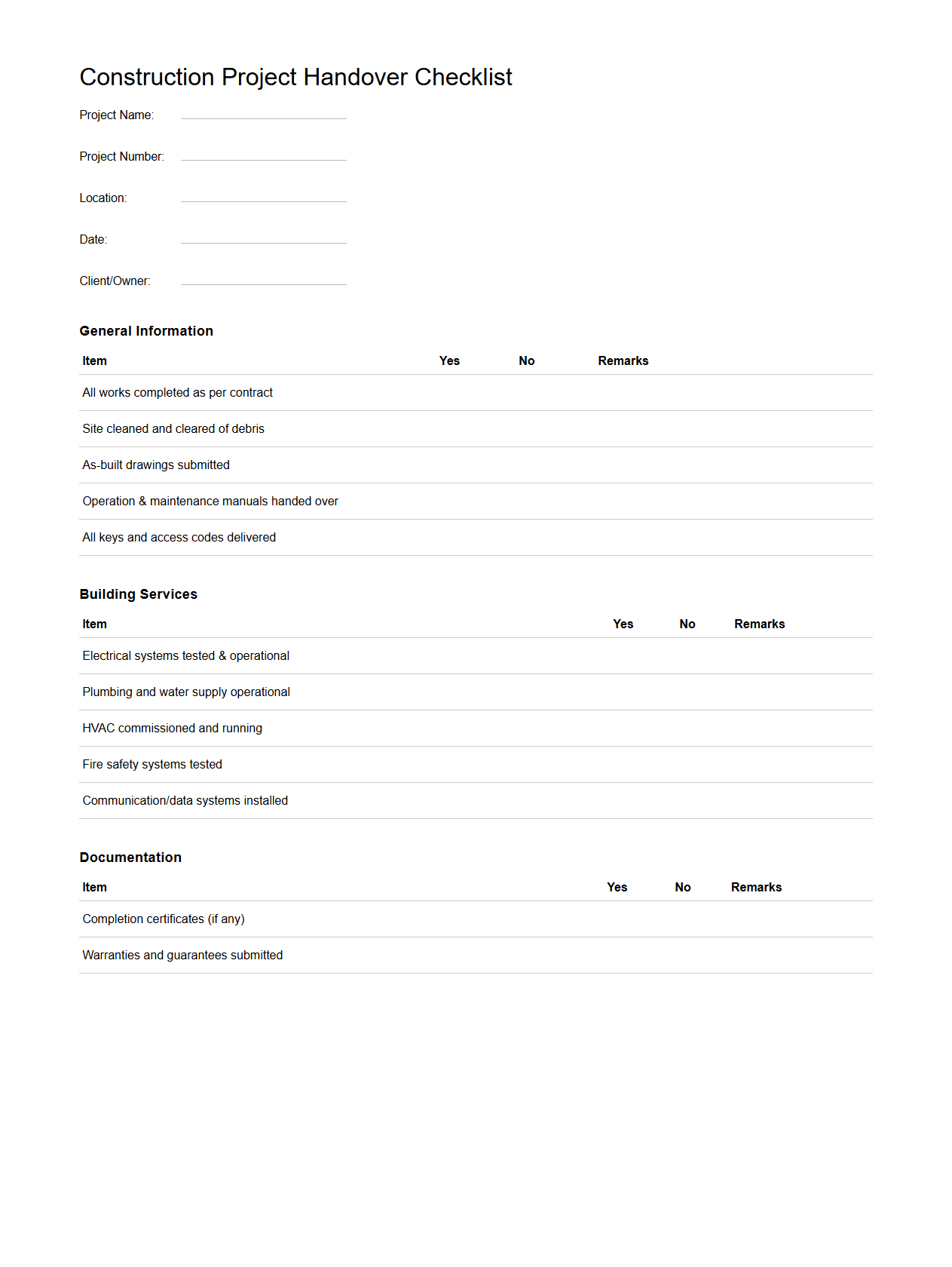 Construction Project Handover Checklist