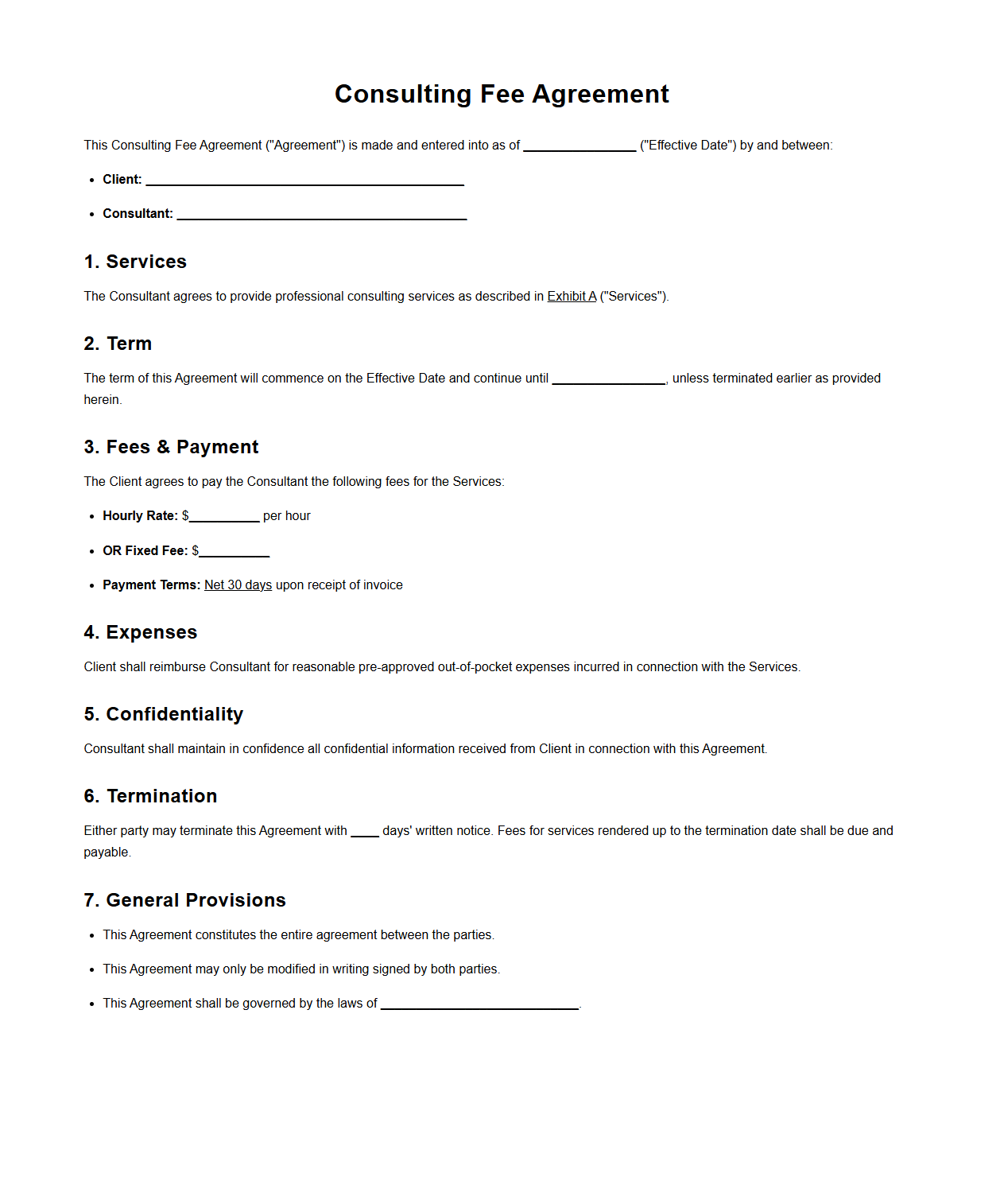 Consulting Fee Agreement Sample Document