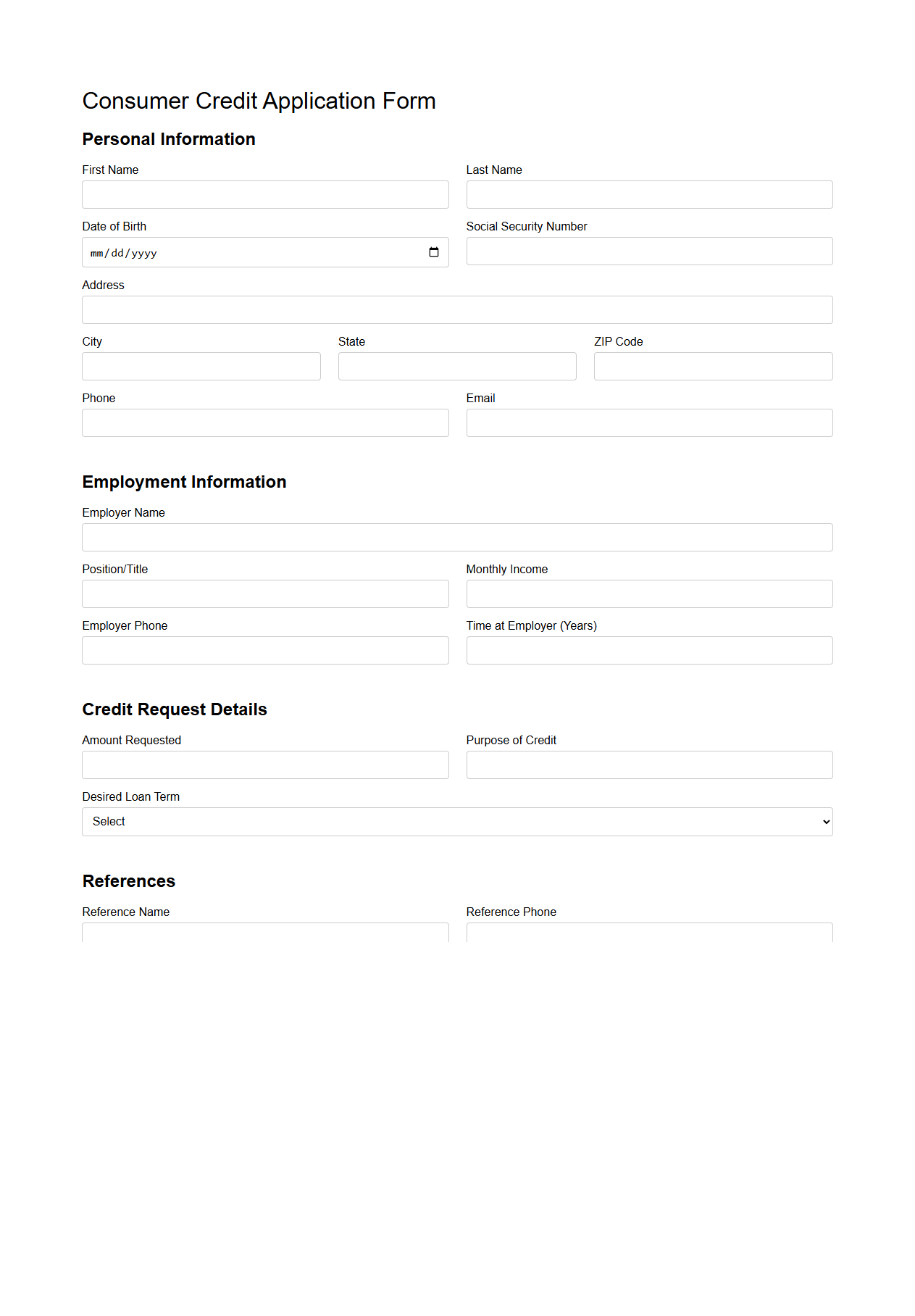Consumer Credit Application Form Example