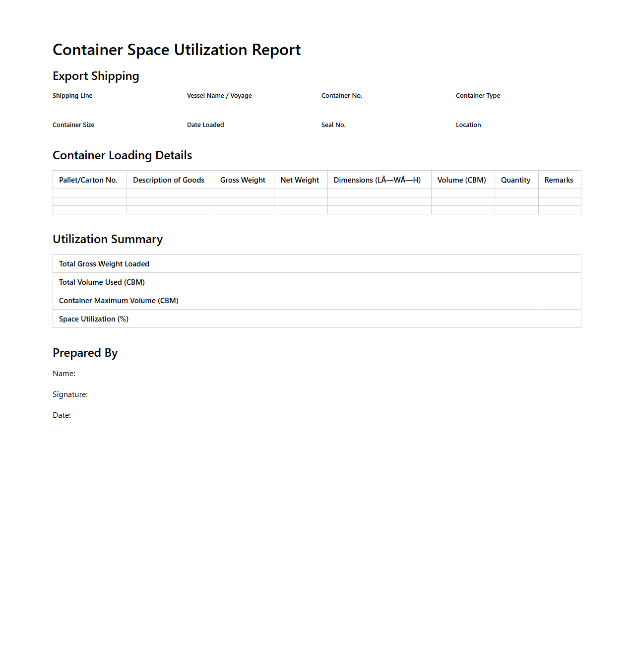 Container Space Utilization Report for Export Shipping