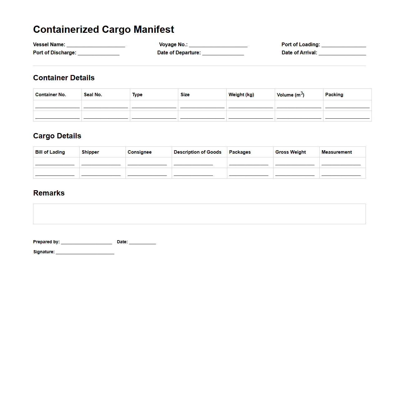 Containerized Cargo Manifest Specimen