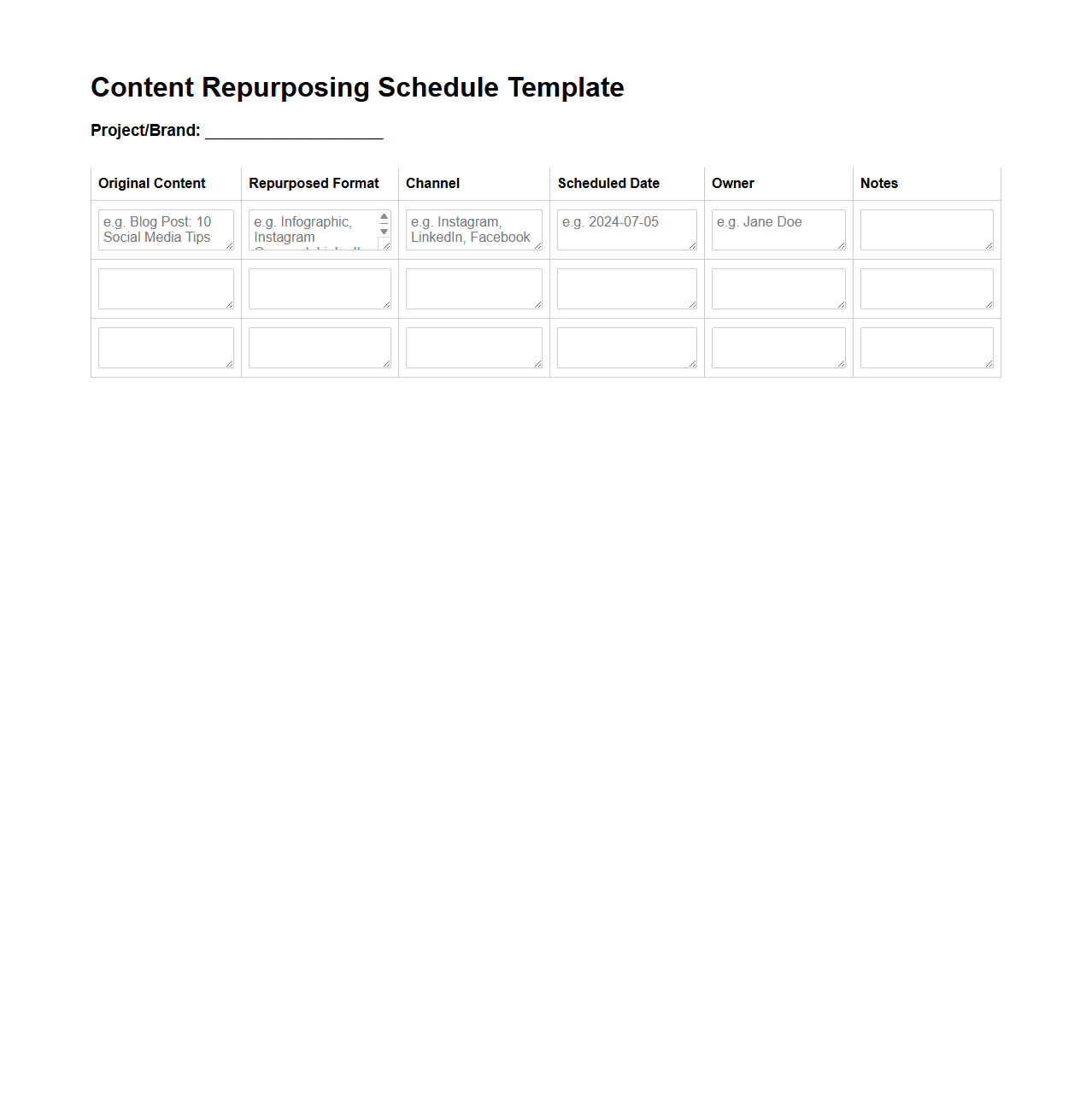 Content Repurposing Schedule Template for Digital Marketing