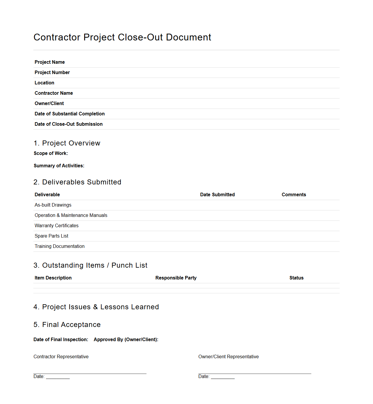 Contractor Project Close-Out Document