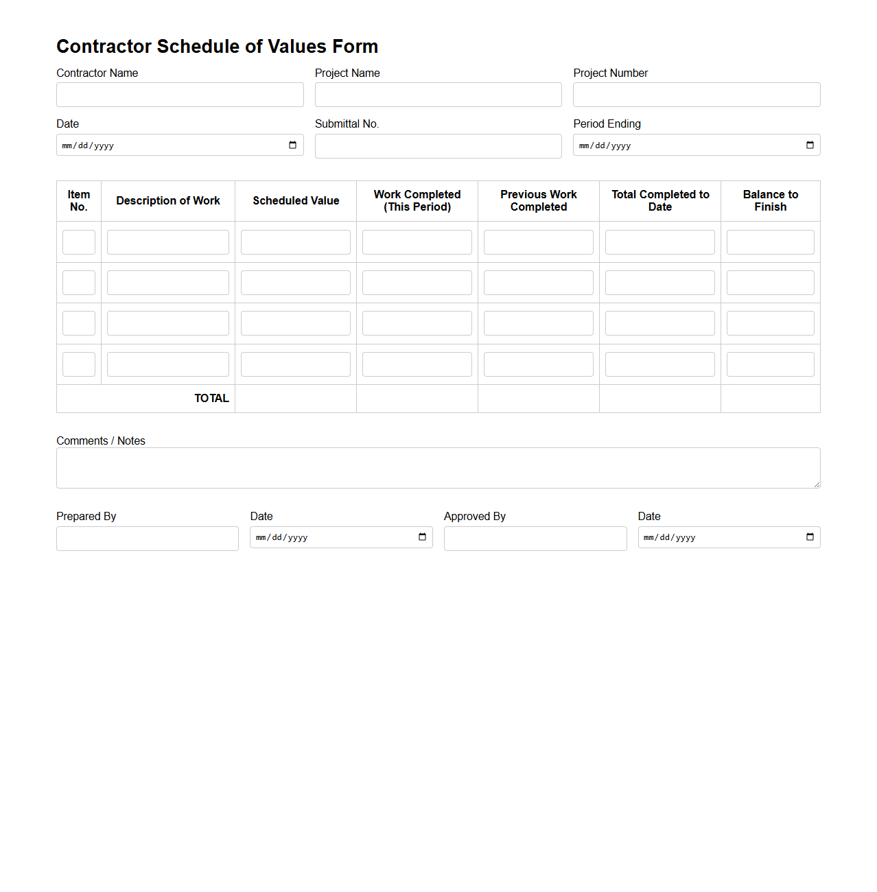 Contractor Schedule of Values Form