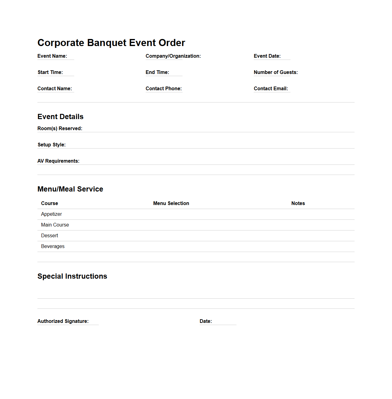 Corporate Banquet Event Order Sample