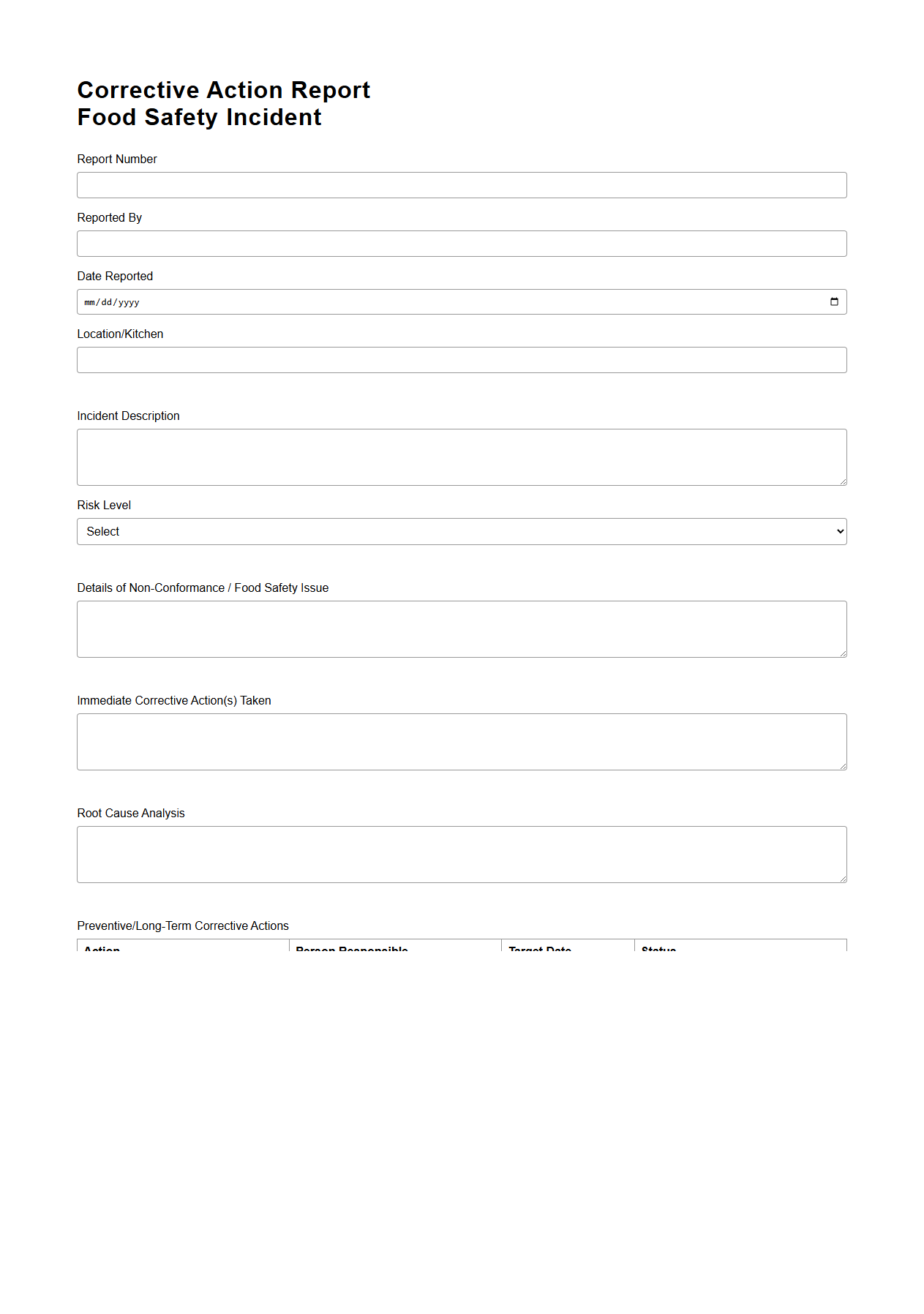 Corrective Action Report for Food Safety Incidents in Kitchens