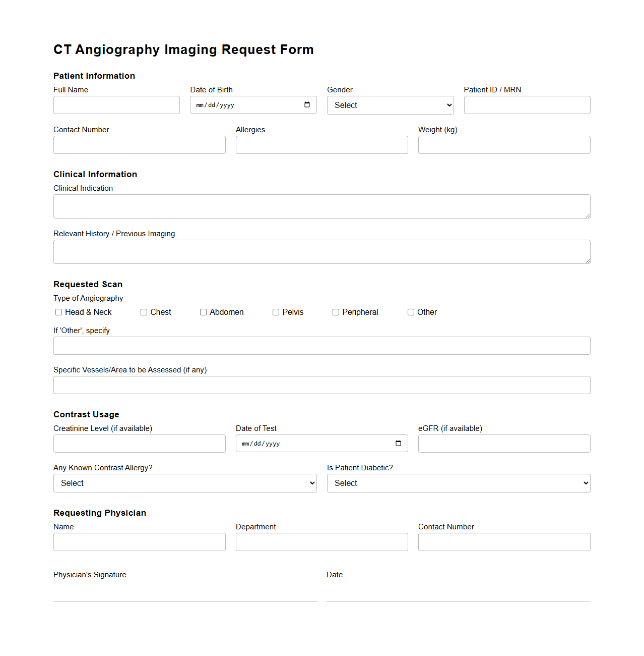 CT Angiography Imaging Request Form Example