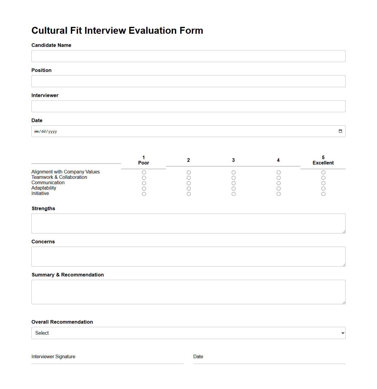 Cultural Fit Interview Evaluation Form
